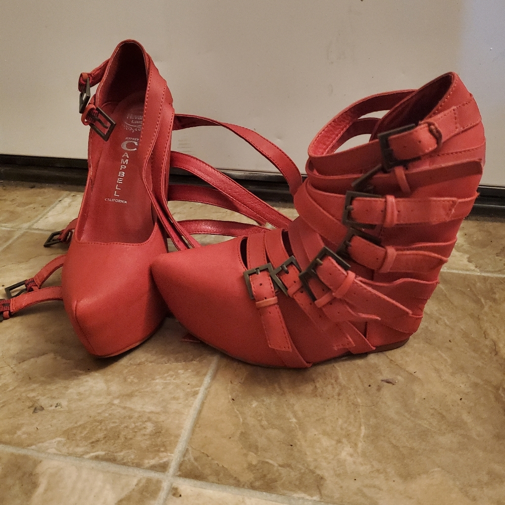 JEFFREY CAMPBELL ZIP 2 BRICK RED SUEDE PLATFORM WEDGES - Picture 9 of 15
